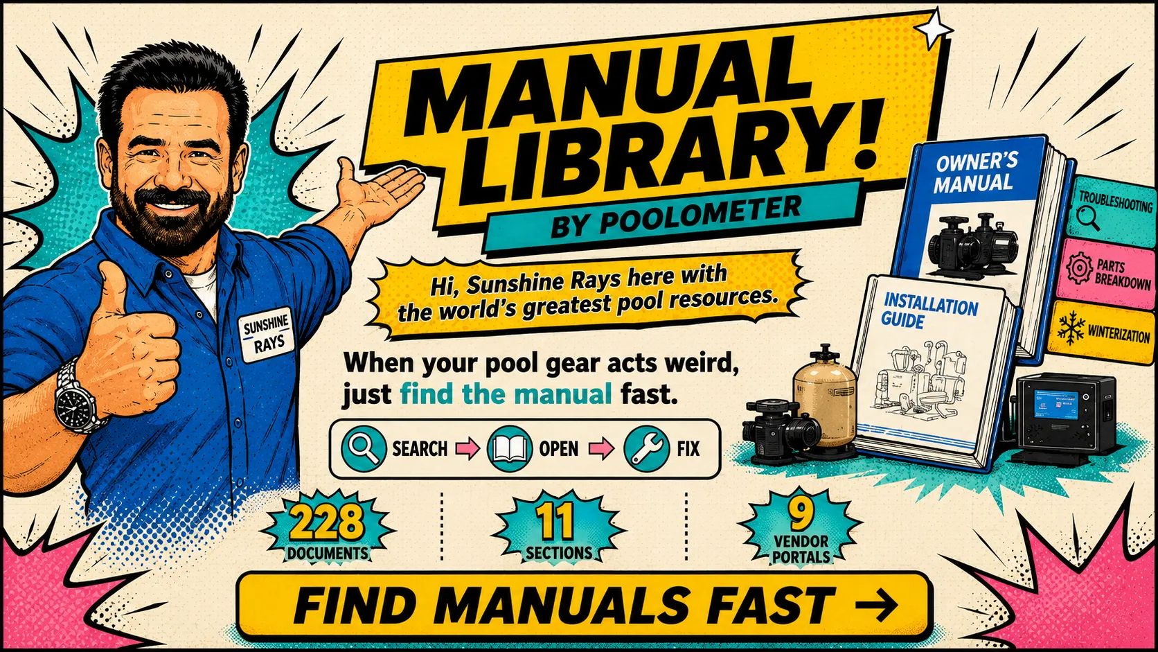 Sunshine Rays presenting the Poolometer Manual Library beside a clear pool and organized equipment pad.